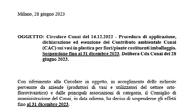 IL CONAI ACCOGLIE LA RICHIESTA DI CONFAGRICOLTURA E RINVIA AL 2024 L’APPLICAZIONE DEL CONTRIBUTO AMBIENTALE PER I VASI IN PLASTICA